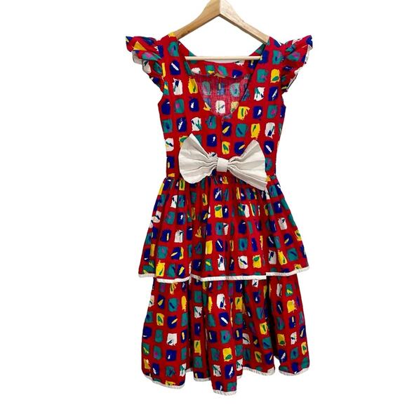 Vintage 1980's Misty Lane Tiered Red Colorful Geometric Back Bow Day Dress XS - Picture 8 of 13